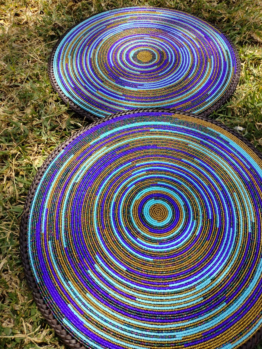 Brown &amp; Blue Rainbow Hand-beaded Wall or Table Mat