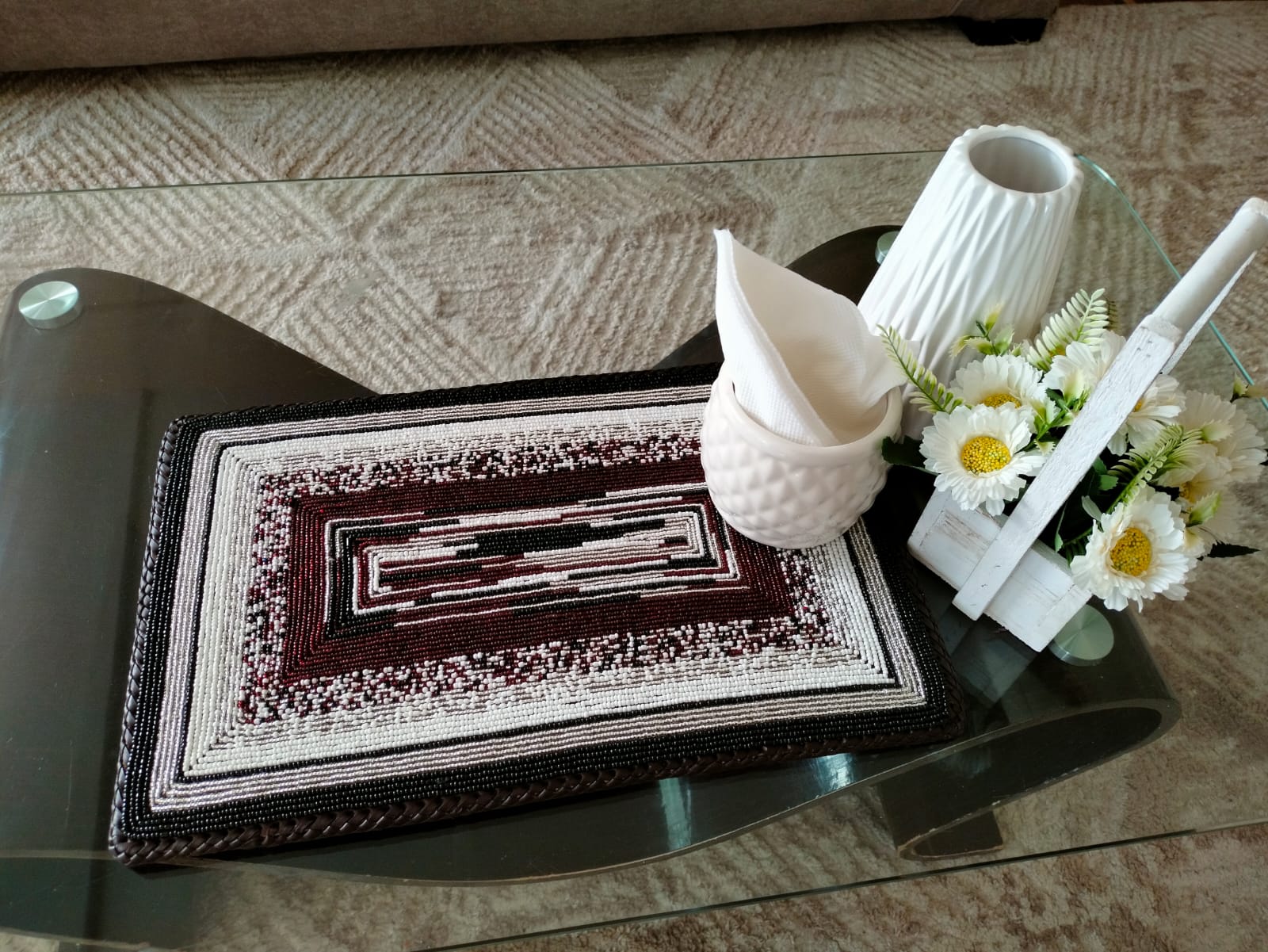 Red and White Rectangular Beaded Placemat