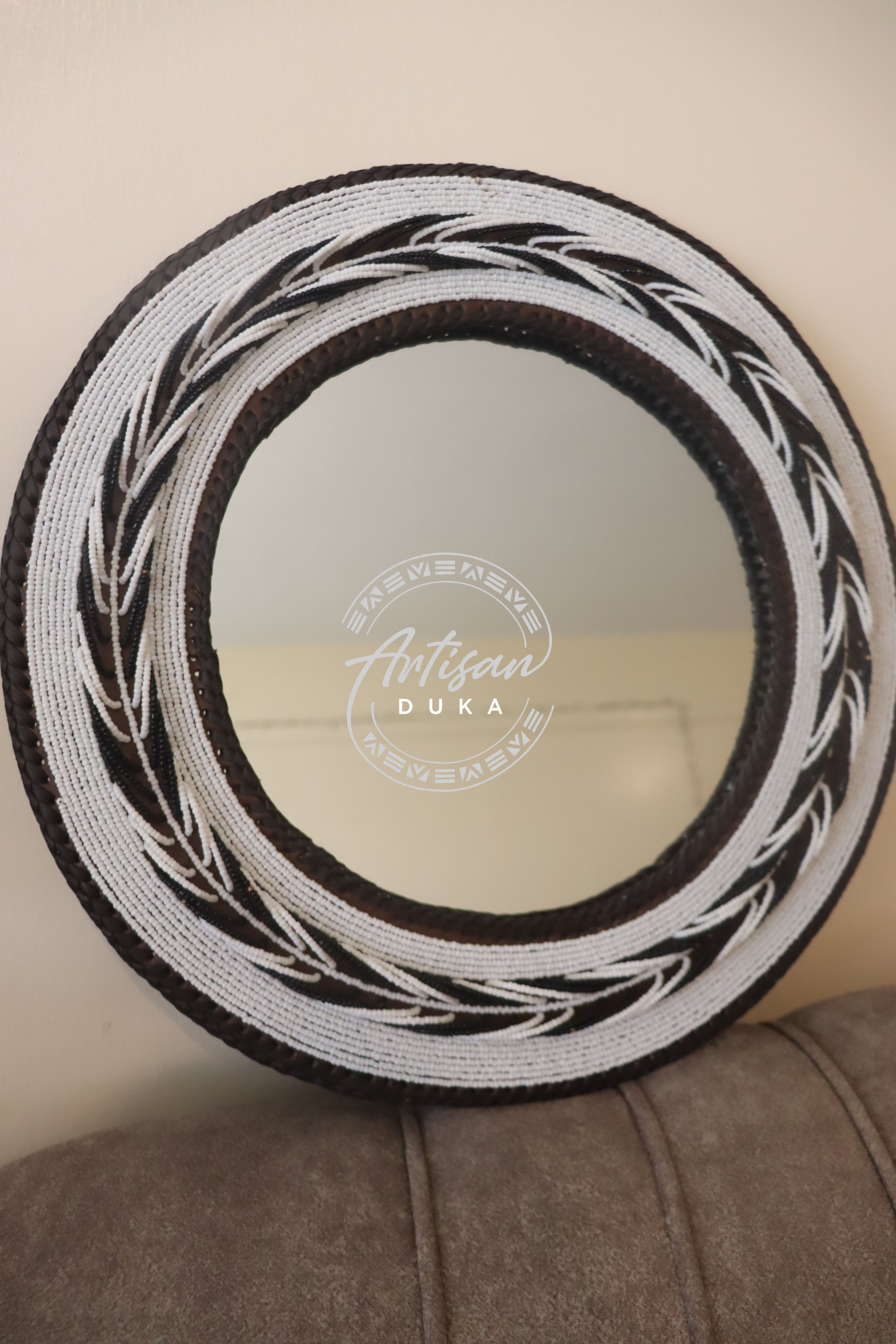 Leaf design white beaded mirror