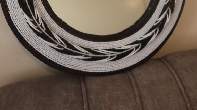 Leaf design white beaded mirror