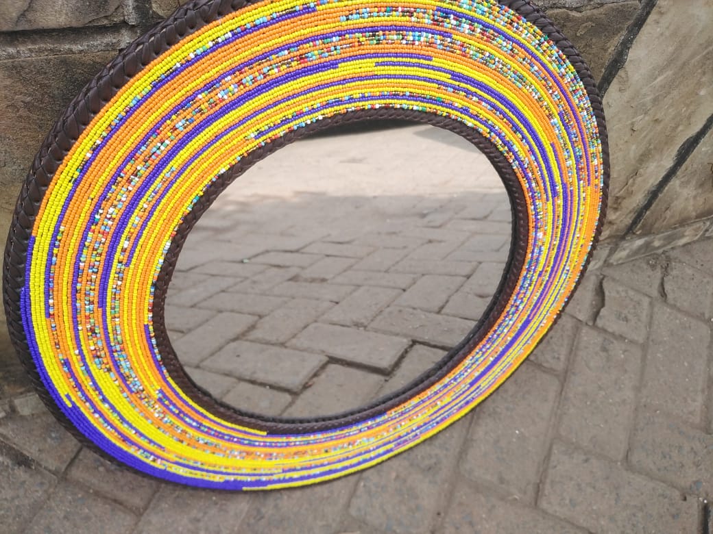 Sunflower Yellow &amp; Navy Hand beaded Mirror