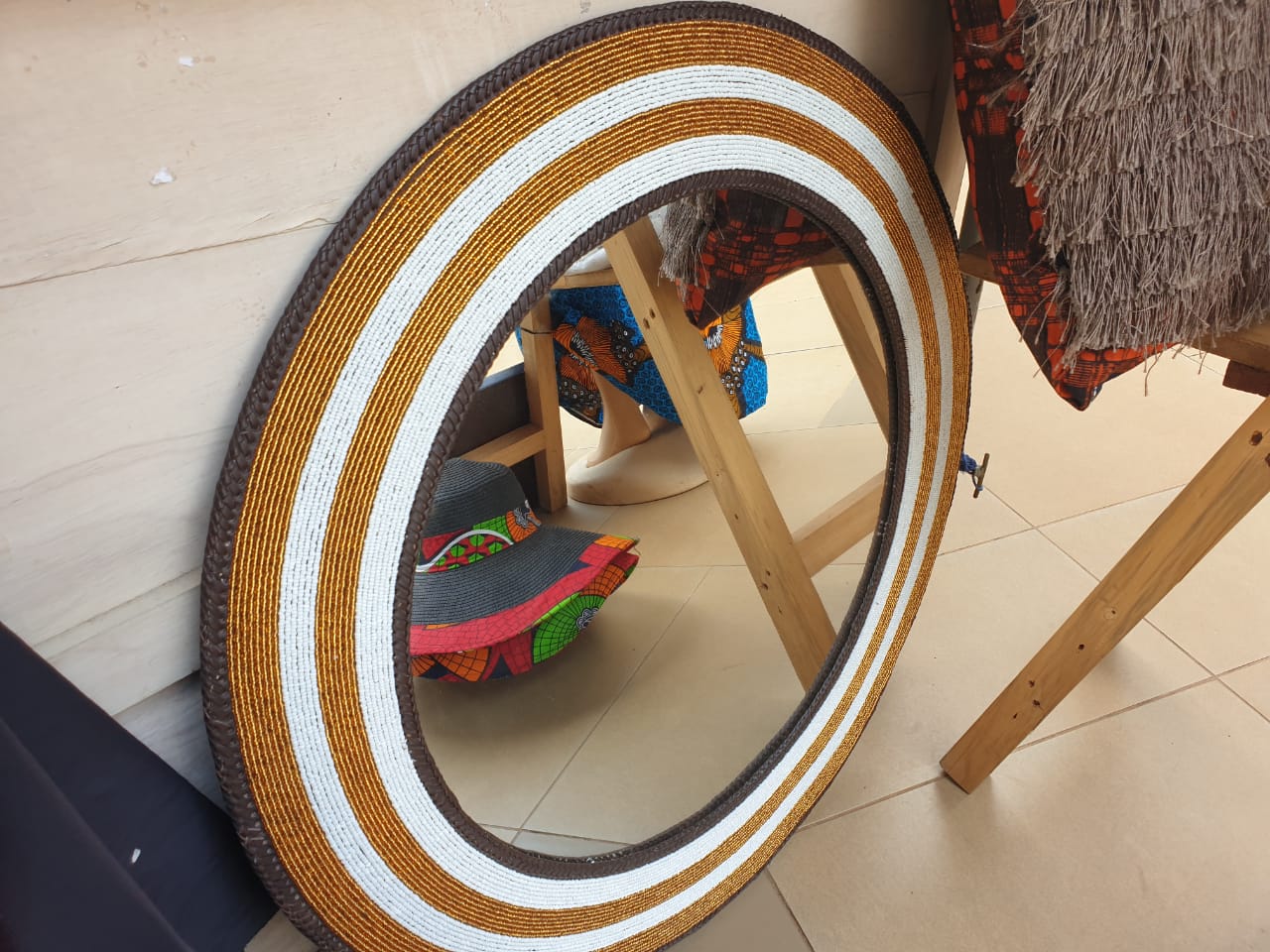 White &amp; Gold Hand-beaded Mirror