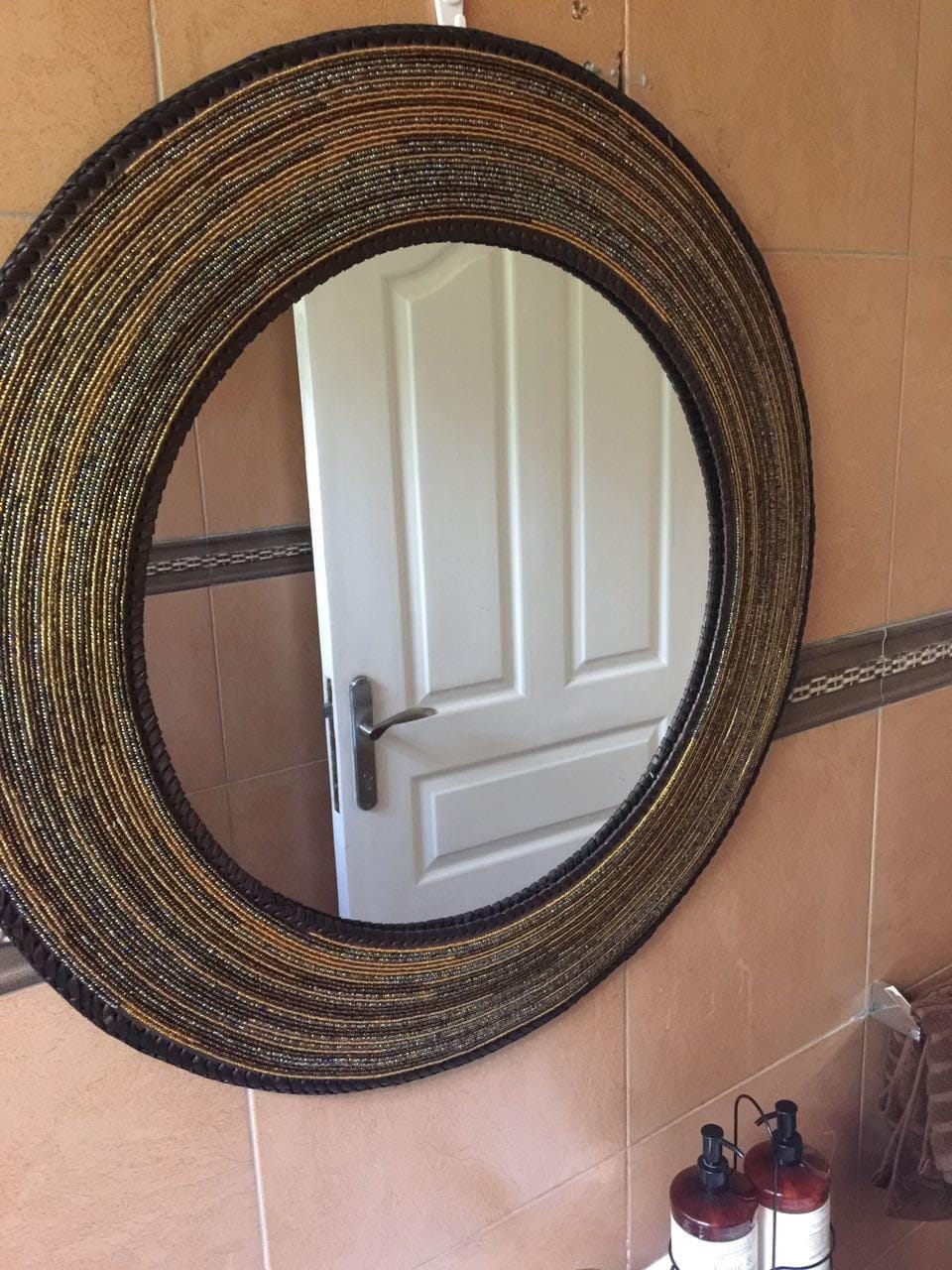 Gold and Brown Beaded Handmade Circular Mirror