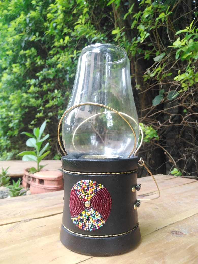 Rosewood &amp; Confetti Beaded Lantern-style Candle Holder