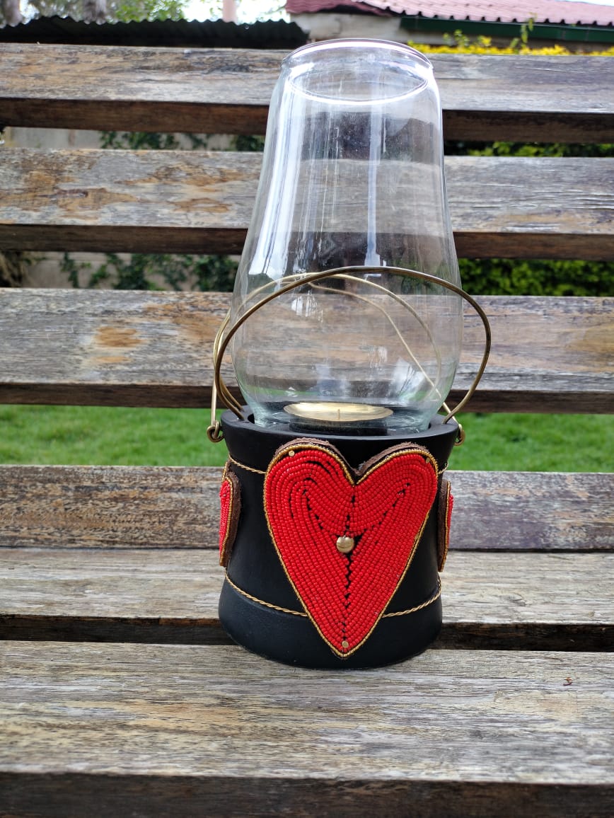 Red Beaded Lantern-style Candle Holder