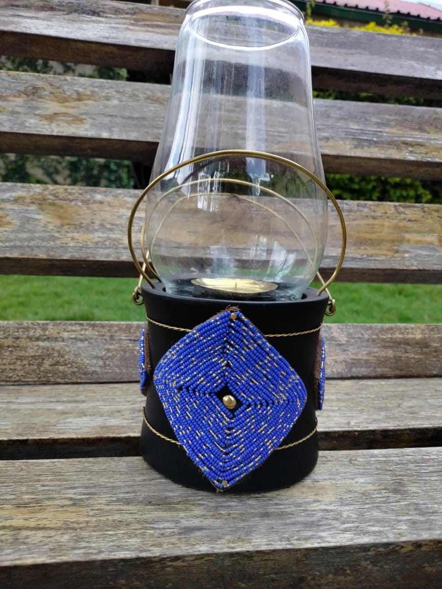 Blue Beaded Lantern-style Candle Holder
