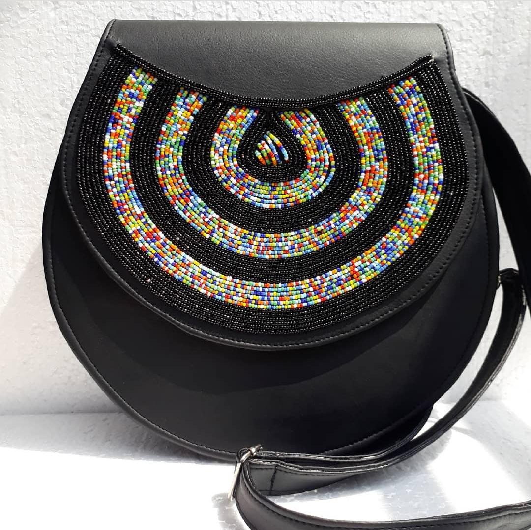 Black and mixed Beads Faux leather sling bag