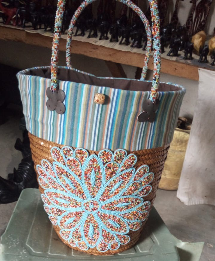Blue Beaded Kikoy Basket