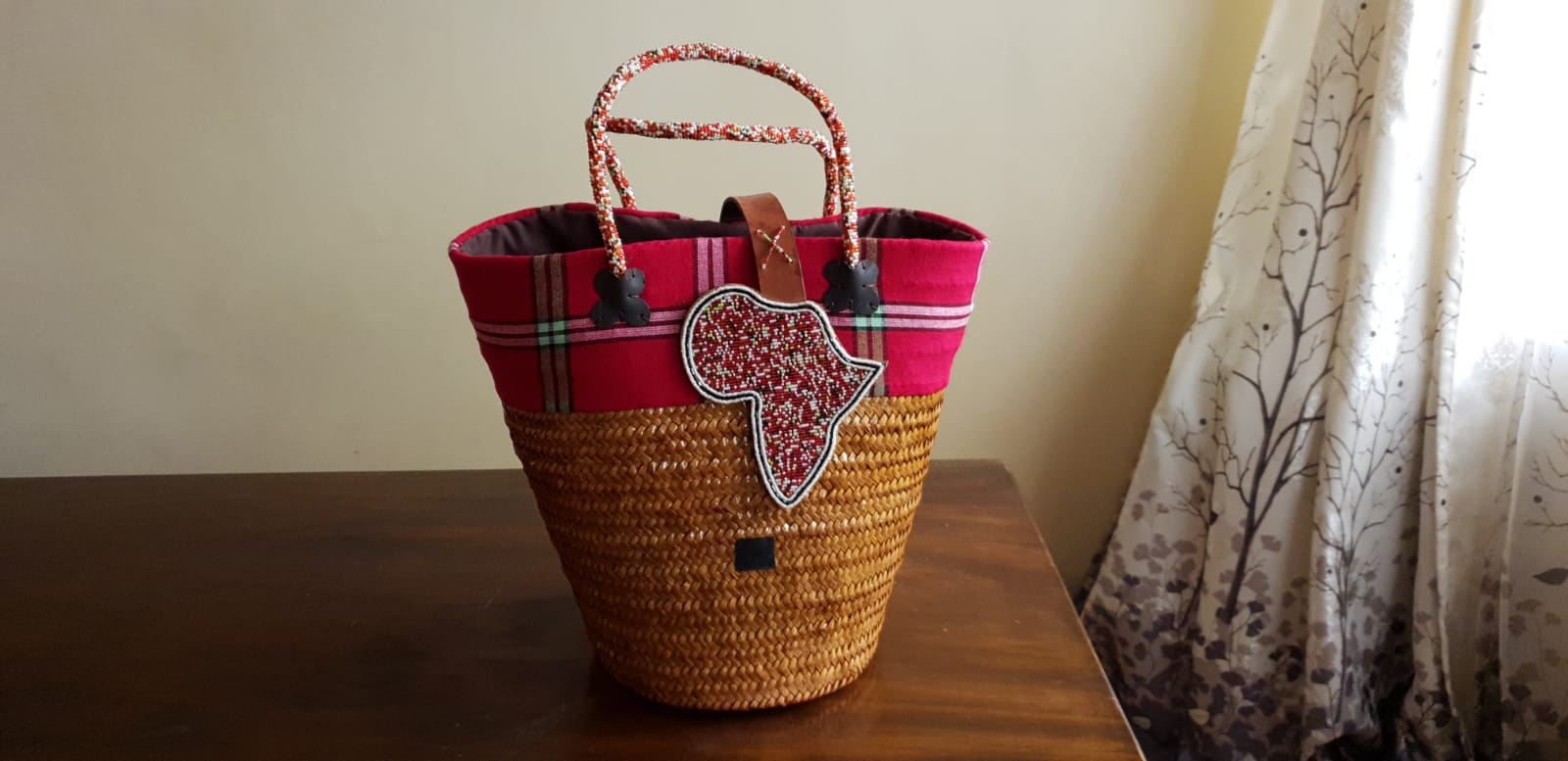 Red Kikoy Basket with Africa Continent beads