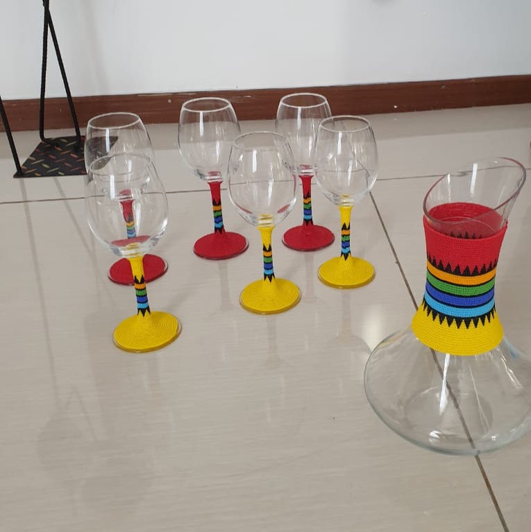 Golden Sunset Beaded Wine Glasses and Decanter Set