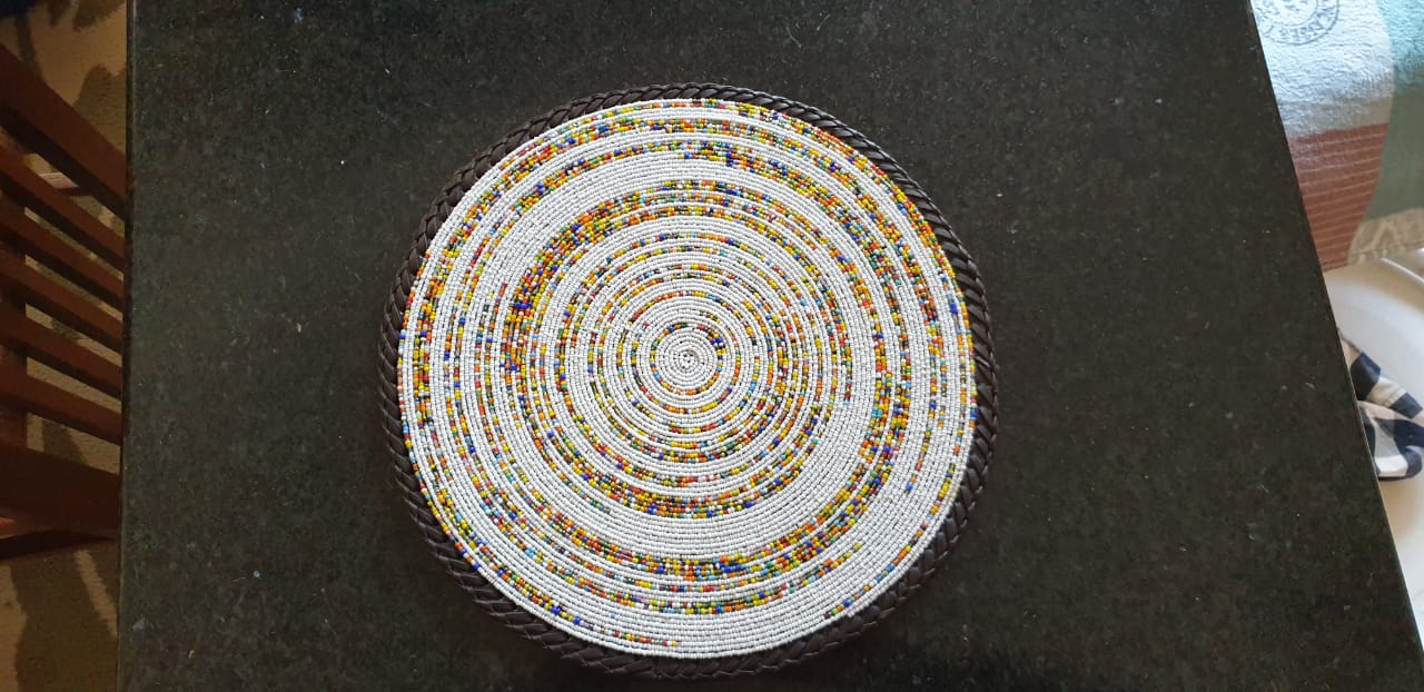 White Confetti fully- Maasai beaded placemat, White Maasai beaded Placemats,