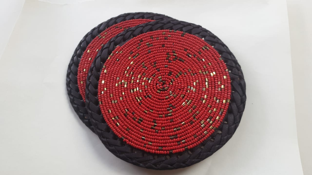 Red Sparkle half Maasai beaded placemat, Red Maasai beaded placemats, Red mats