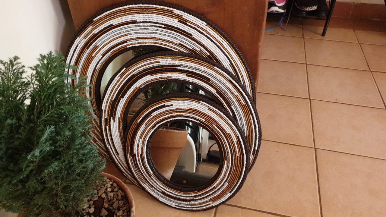 Brown, Silver &amp; White Maasai Beaded Mirror (Set of 3), Mirror wall decor