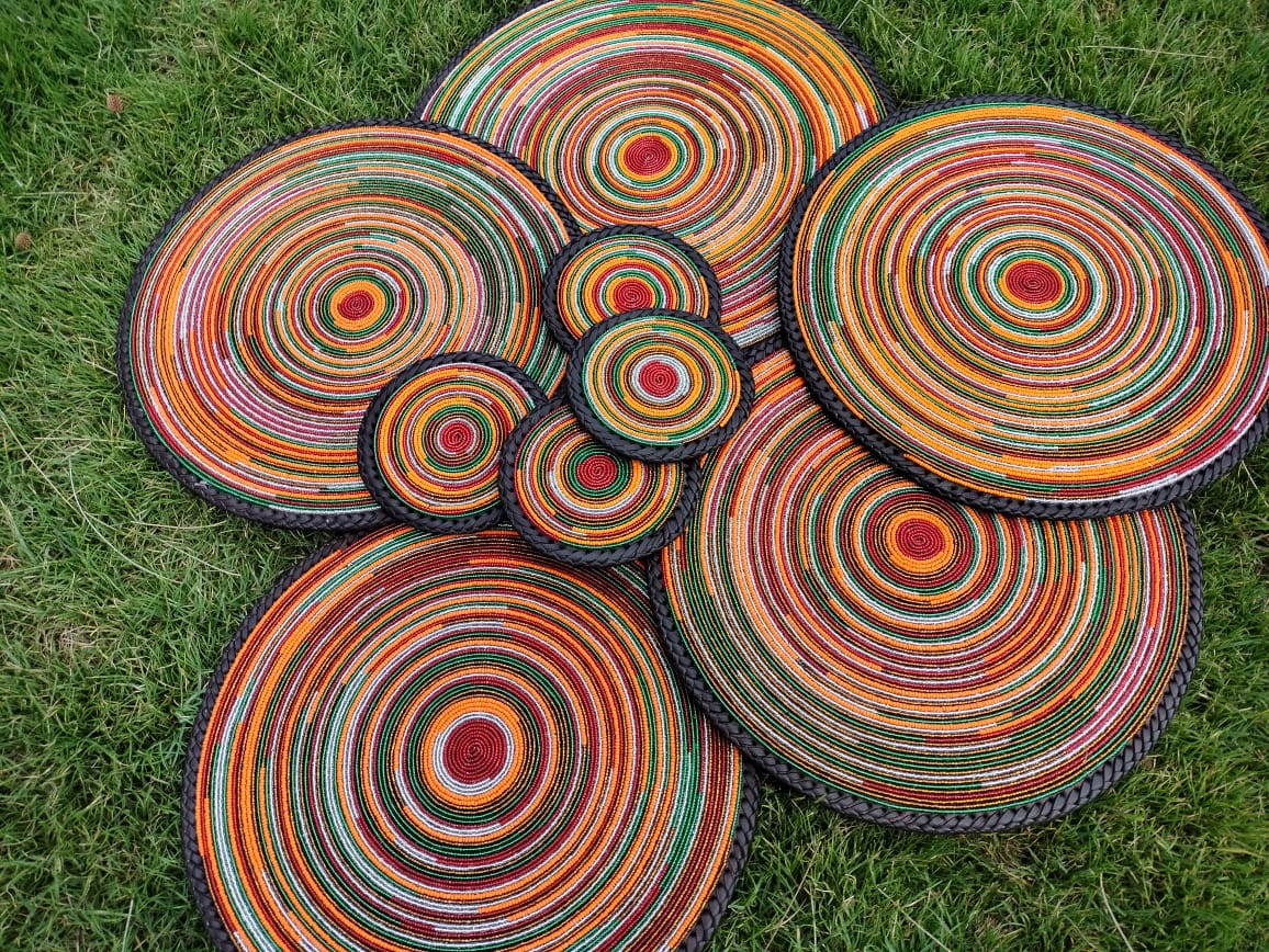 Fiery Orange fully-beaded Maasai placemats, Orange Maasai beaded placemats, Mats