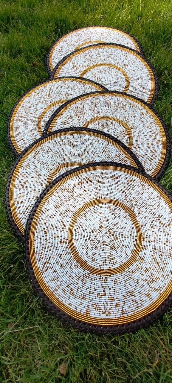 Timeless White fully-beaded placemats, White Maasai Beaded placemats, White Mats