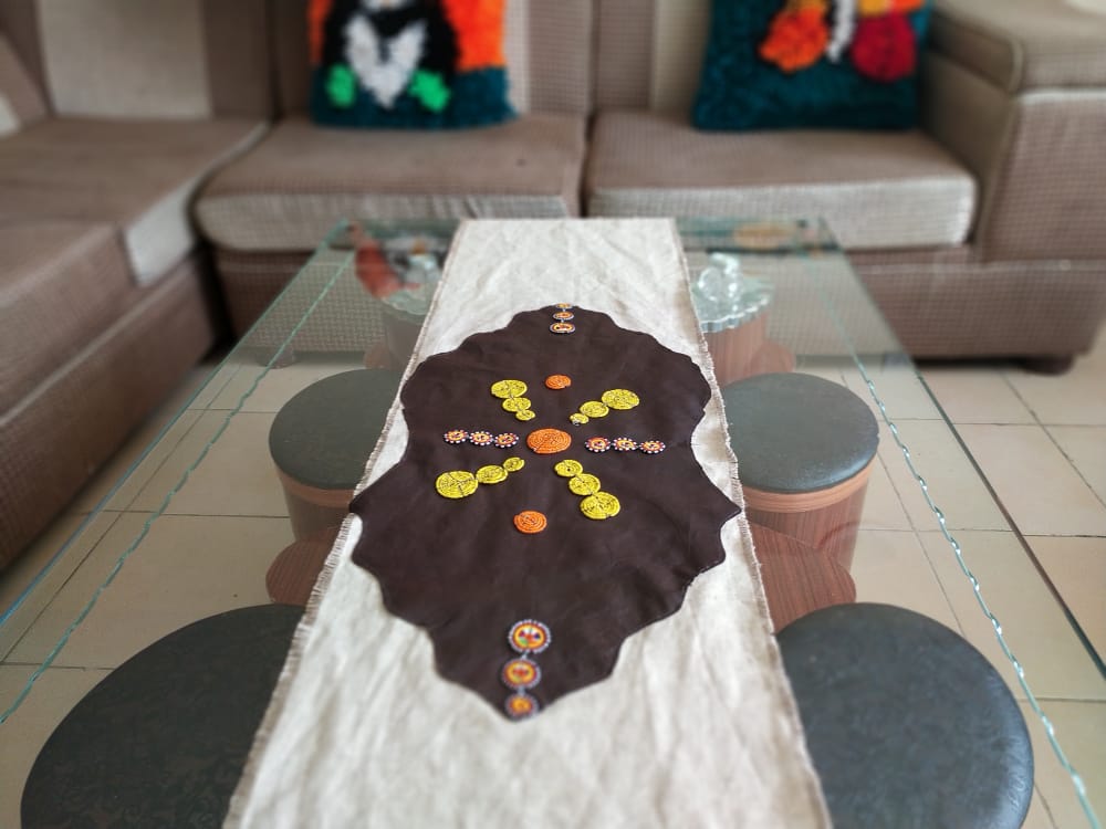 Linen &amp; Beaded Leather Table Runner