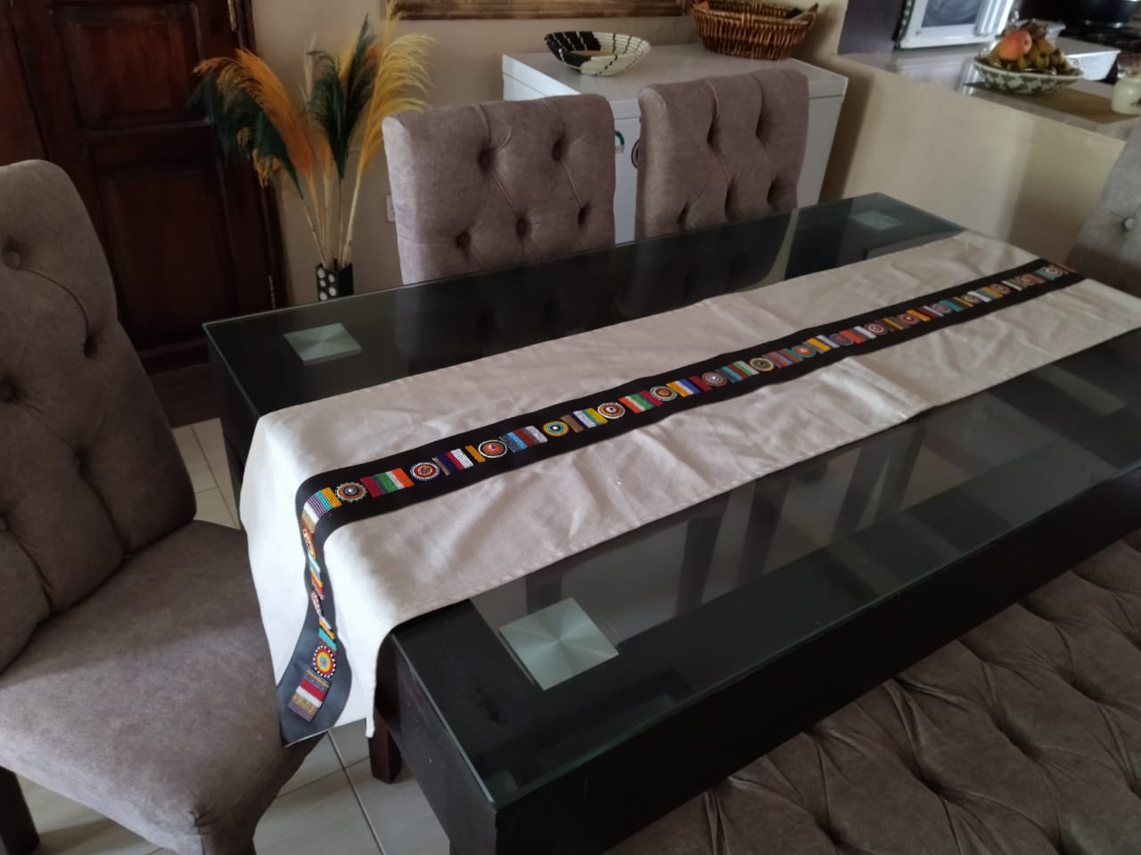Afrique Essence Beaded Faux Leather Table Runner"