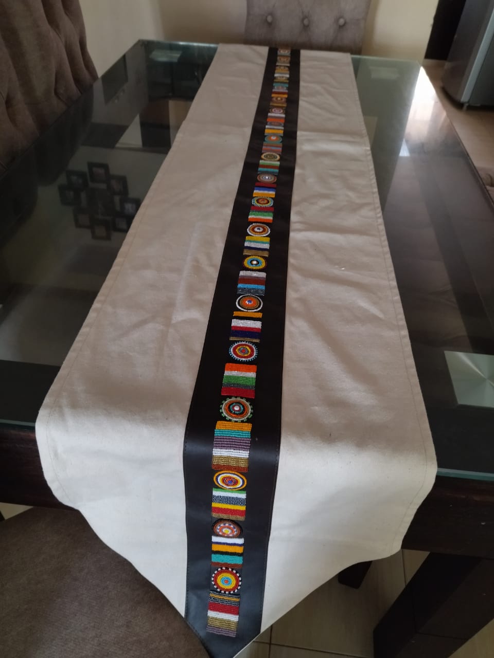 Afrique Essence Beaded Faux Leather Table Runner"