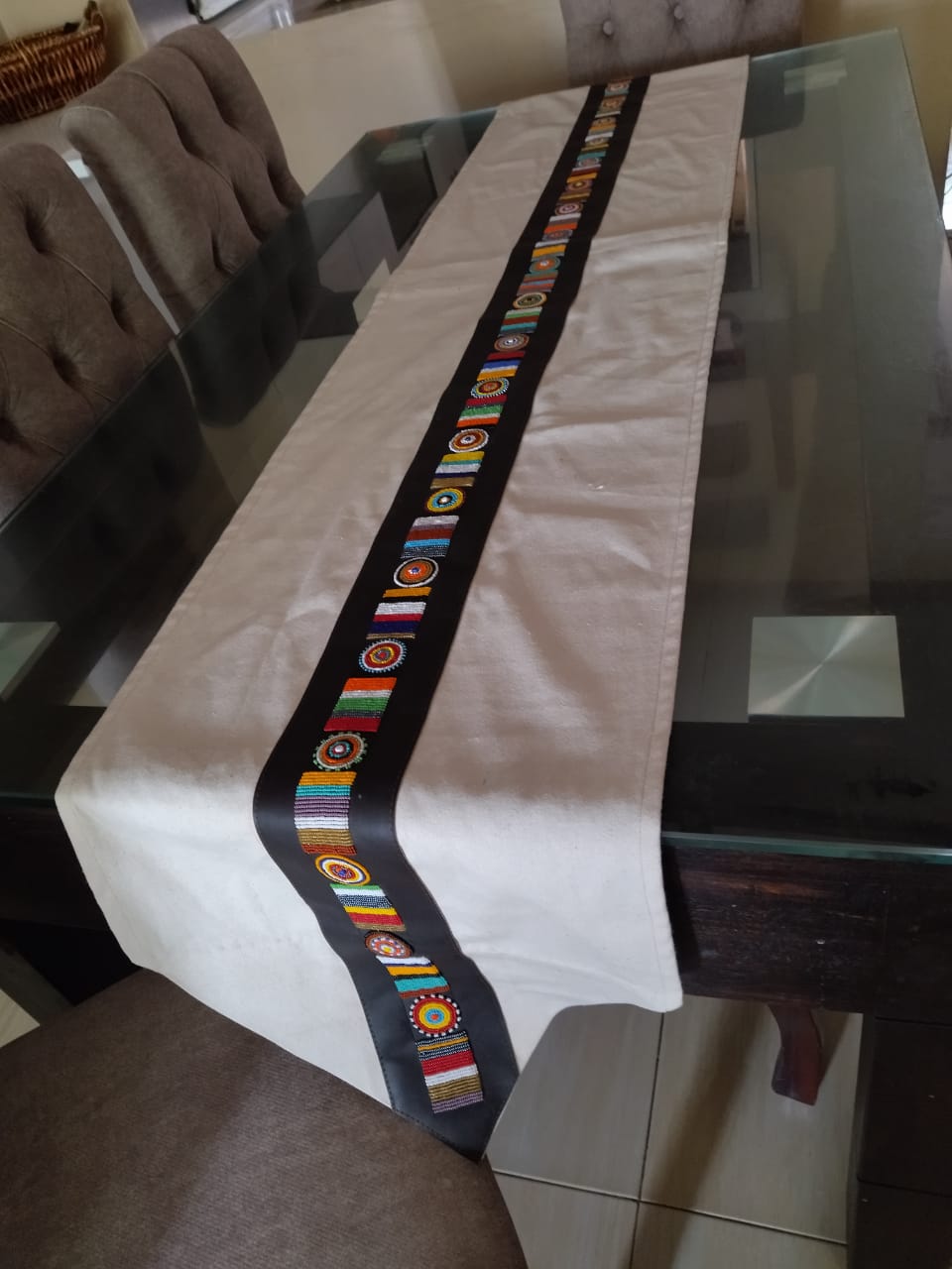 Afrique Essence Beaded Faux Leather Table Runner"