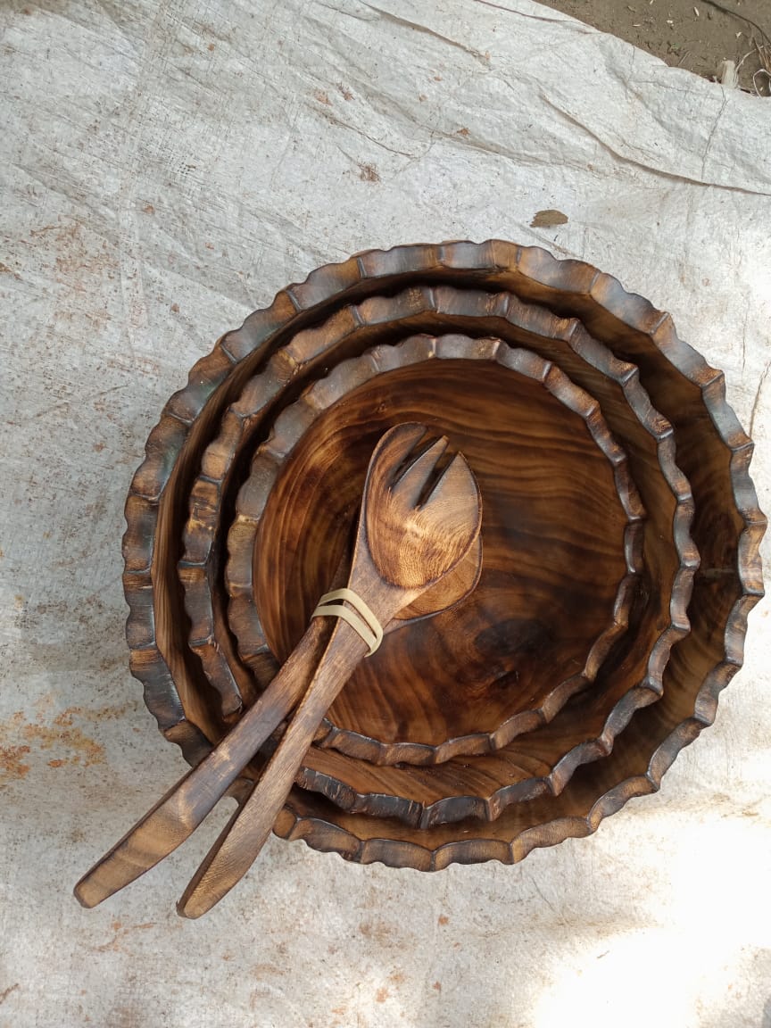Wooden Grooved Salad Servers (Set of 3) &amp; Wooden Sticks (Pair)