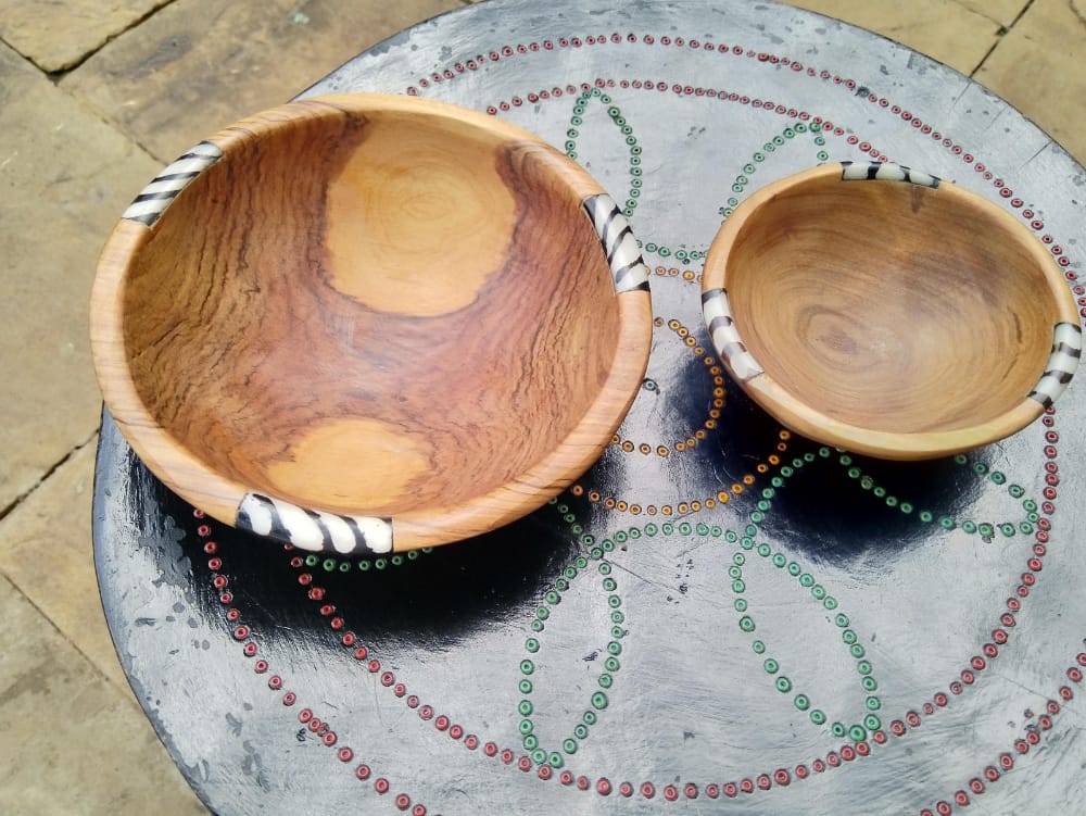 Round Wood Bowls with Bone Detail (Set of 3)