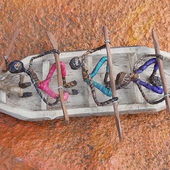 Rowing Boat &amp; Crew toy, Wooden toy boat, Banana fiber boat