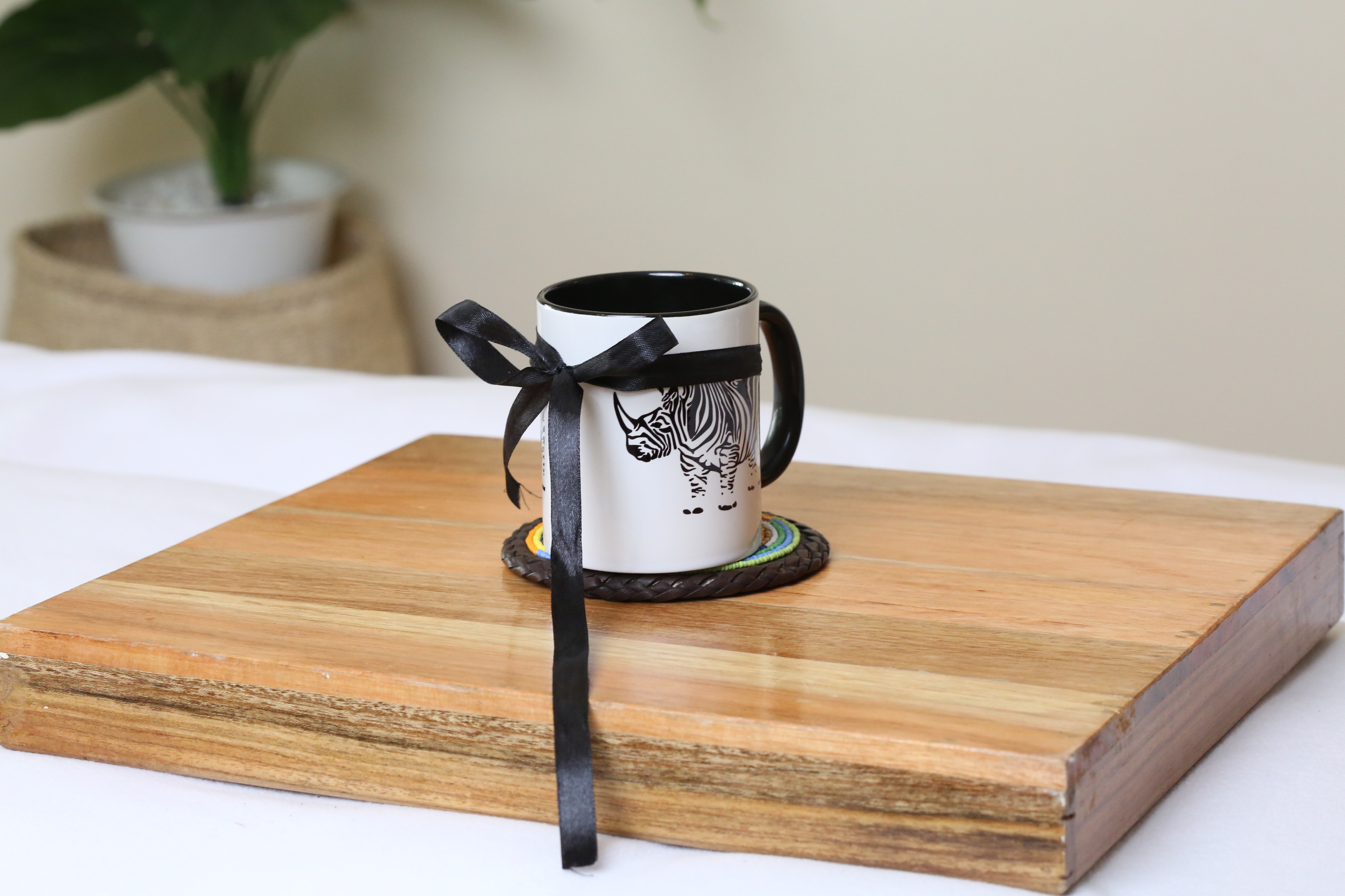 Rhino print mug with beaded coaster gift package.
