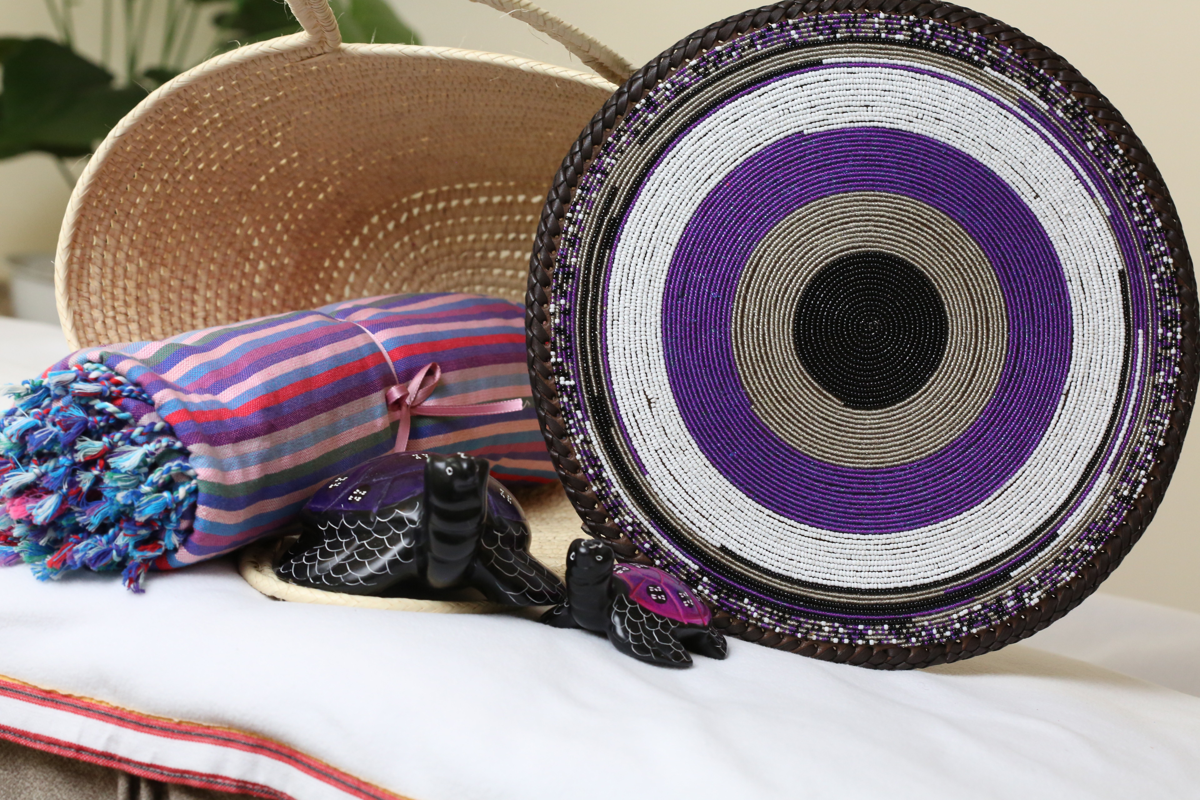Purple Maasai beaded PlaceMat with basket gift package, Kikoy throw, Soapstone