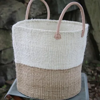 Off-white basket with pale brown bottom and handles, White kiondo