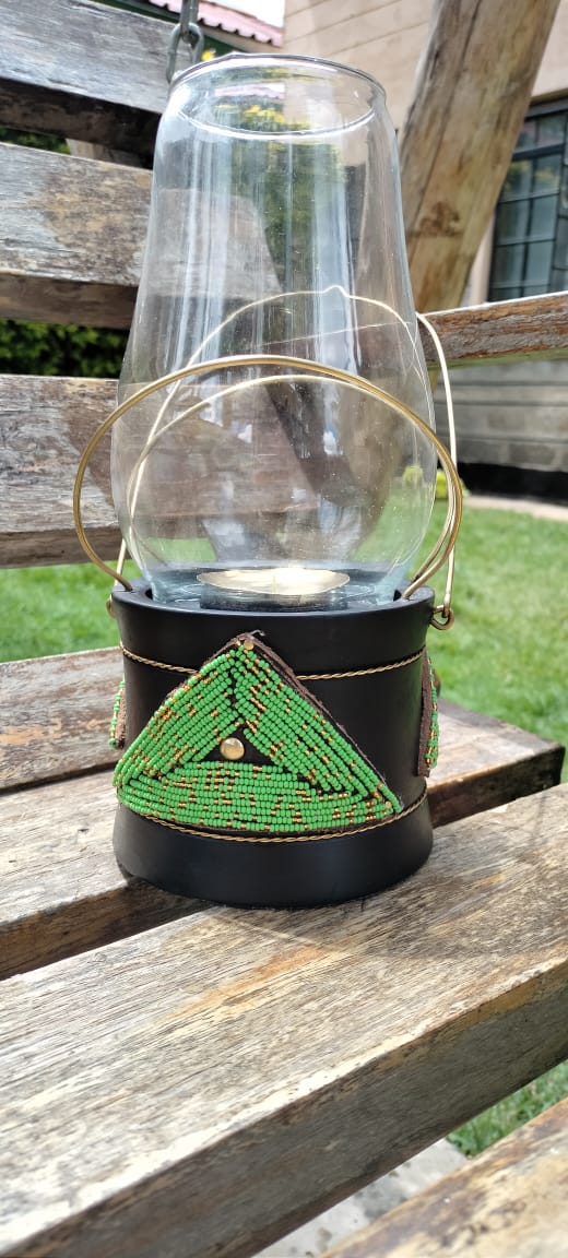 Green Beaded Lantern-style Candle Holder