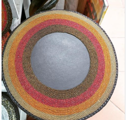 Sunset Handmade Maasai Beaded Leather Wall or Placemat, Orange Half Beaded Maasai Mat