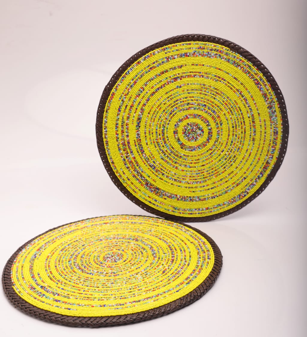 Bright Sun Yellow fully-beaded placemats, Yellow Maasai Beaded Placemats, Mats