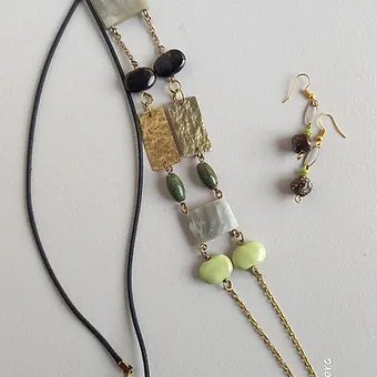 Rustic Brass with Black and Cream beads Necklace